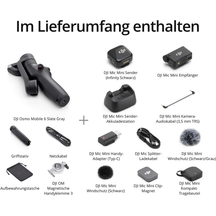 Стабілізатор DJI Osmo Mobile 6 для iPhone/Android, 3-осьовий, з розсувним штативом, трекінг об'єкта, портативний, для зйомки відео, YouTube, TikTok (Сірий, з мікрофоном DJI Mic Mini)