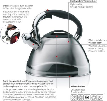 Kela Induction 3 L, Stainless Steel Camping Kettle, with safe pouring spout lid opening via button, VARUS, black gloss black single kettle