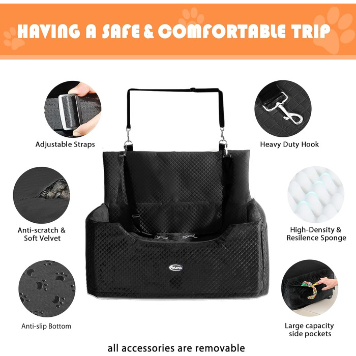 Підвищення для собак PALAMIL: для великих/середніх або 2 маленьких собак, водонепроникний автокрісло для собак з товстим матрацом та кишенями для зберігання (Чорний). Підвищення для великих собак.