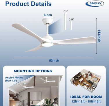 Depuley Потолочний вентилятор з підсвічуванням для вулиці: LED лампа з вентилятором для саду, тераси - 132см, з пультом керування, для вітальні, ресторану, офісу (Білий, 52 дюйми)