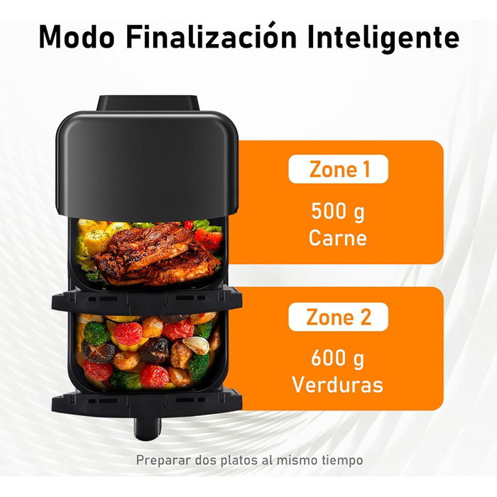 Фритюрниця без олії з 2 камерами на 10 літрів, Airfryer з 2 відсіками по 5л, тиха робота, 10 програм, приготування 2 страв одночасно, з оглядовим вікном, 3D циркуляція повітря