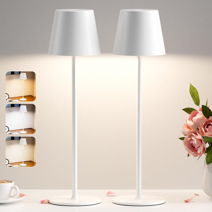 Настільна LED лампа акумуляторна бездротова 2 в 1, димується, з USB-C зарядкою, 3 режими світла, біла - набір 2 шт.
