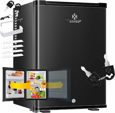 Міні-холодильник KESSER® 40L з замком: ідеальний для кемпінгу, офісу, спальні, готелю, кухні. Безшумний, з можливістю зміни напрямку відкривання дверцят, з підсвіткою та відкривачем для пляшок. Чорний колір.