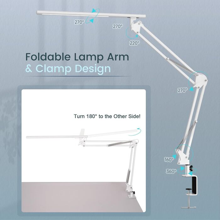 Лампа для робочого столу в офіс, кріпиться на стіл, архітекторська лампа з адаптером QC3.0, лінза Френеля, 5 режимів кольору та регулювання яскравості, лампа-прищіпка з функцією пам'яті, біле освітлення
