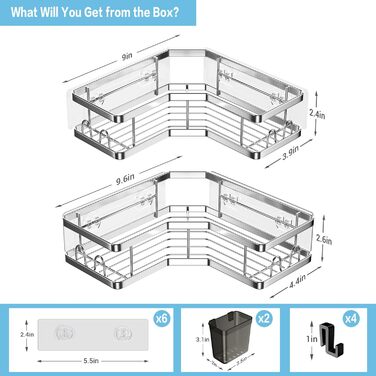 FINIBO Shower Shelf No Drilling, 2 Pack Self-Adhesive Corner Shelf Bathroom Organizer, Shower Shelf Stainless Steel with 4 Hooks and 2 Toothpaste Holders, Black Shower Shelf Shower Basket for Bathroom Kitchen