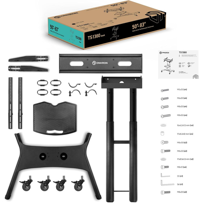ONKRON Mobile TV Stand with Wheels - Adjustable Height & Tilt for 32-70 inch TVs up to 45kg, VESA 600x400 - Black TS1350-B