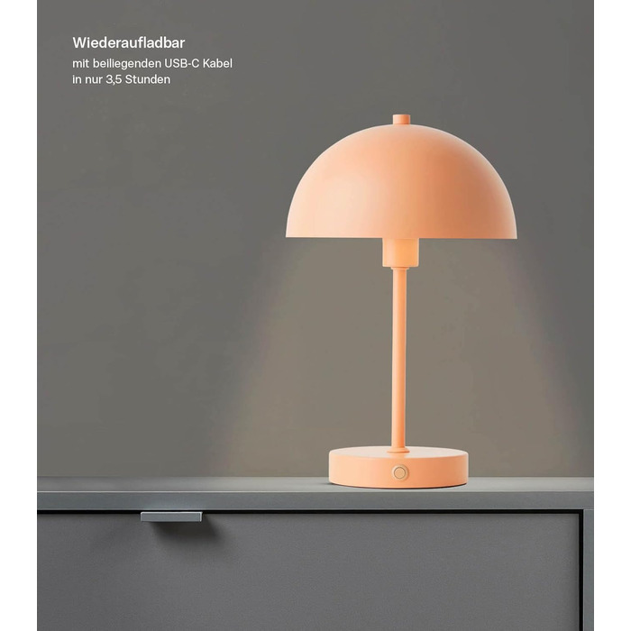 Mokebo® LED настільна лампа бездротова, акумуляторна, з регулюванням яскравості та USB-C, 'The Lighthouse', вінтажна лампа-горщик, грибний світильник, настільна лампа Taupe з металу з акумулятором, тепле біле світло (персикове)