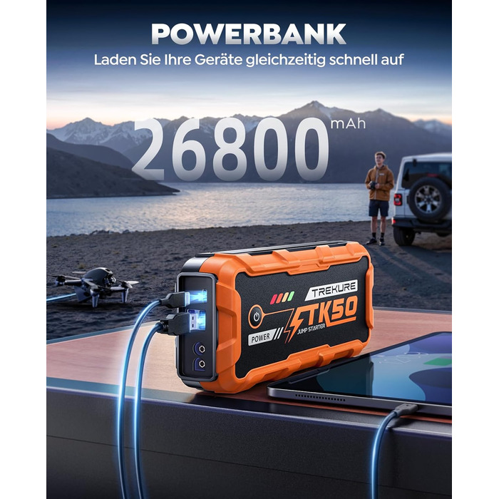 Powerbank для автомобіля 8000A Starthilfe (бензин/дизель 12.0L), 26800mAh, 12V пусковий пристрій з ліхтарем 800 люмен, 2xUSB, посилені кабелі, помаранчевий