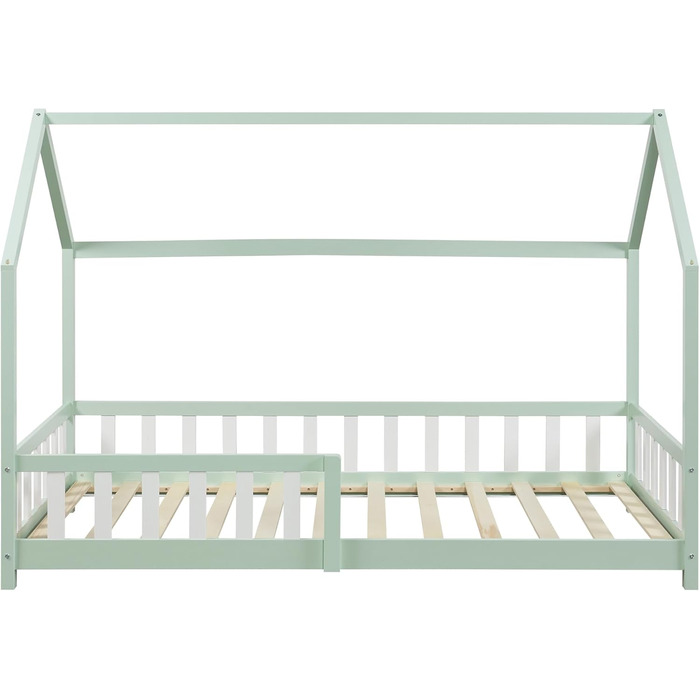 en.casa Kids Bed Hesel House Bed Grey 90 x 200 cm with Side Rails and Slatted Base, Floor Bed, Youth Bed, Wooden Bed