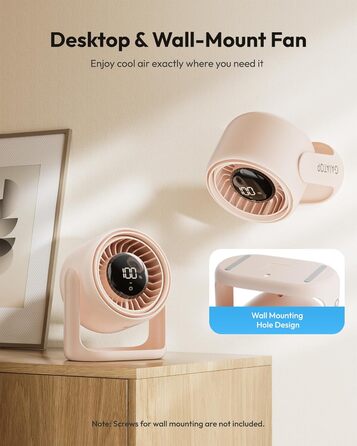 Настільний вентилятор Gaiatop з керуванням Touch, акумулятор 4000 mAh, 5 швидкостей, тихий міні-вентилятор з LED-дисплеєм, нахил 90°, зарядка через USB-C, для офісу, спальні, дому (Рожевий)