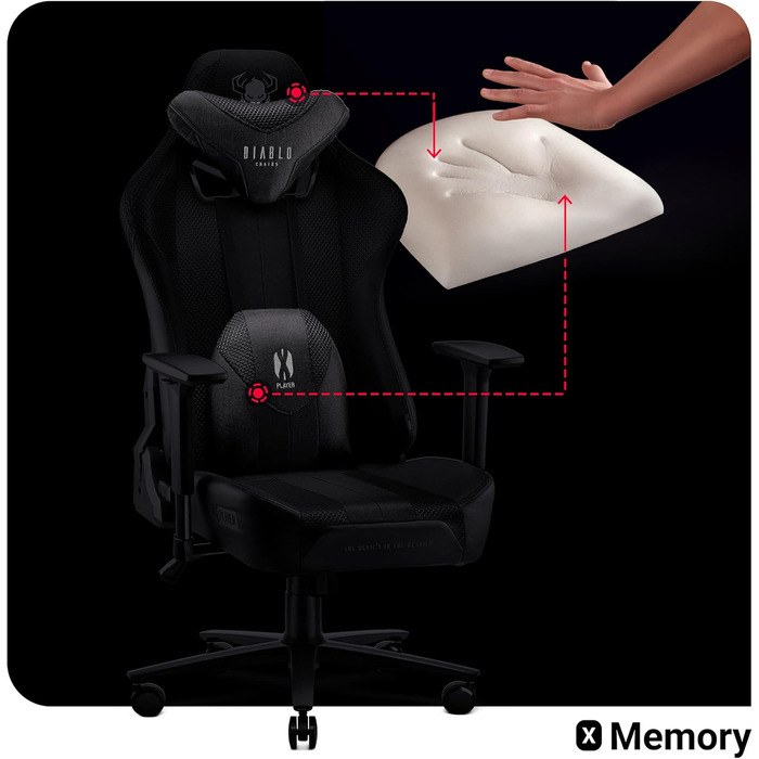 Ігрове крісло Diablo X-Player 2.0 King XL, тканинне, ергономічне, чорне, 3D підлокітники, подушки для шиї та попереку, вага до 160 кг, офісне крісло для геймерів