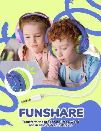 iClever Бездротові навушники для дітей з LED-підсвіткою, обмеження гучності 74/85 дБ, 43 години роботи, стерео звук, Type-C, AUX-кабель, Bluetooth 5.3, для планшетів/подорожей (зелено-блакитний)