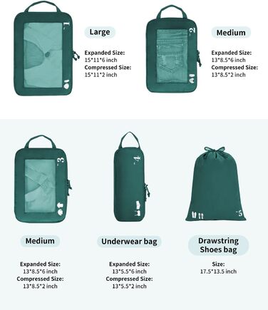 ECOHUB Набір органайзерів для валізи (5 шт.) - Компресійні куби для пакування, темно-зелений
