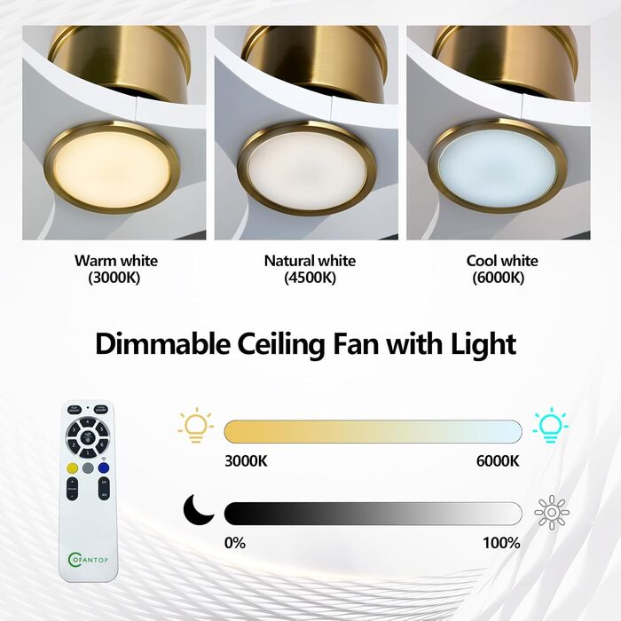 Сучасний стельовий вентилятор 132 см з підсвічуванням та пультом керування, тихий DC-двигун, сумісний з Alexa/Google Home, білий/золотий