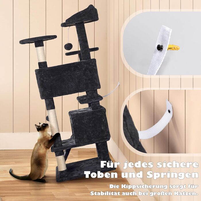 Кігтеточка-кольоротка Yaheetech 139 см, стабільна з 3 платформами, 3 стовпчиками, 2 печерами, плюшеві кульки, чорний колір