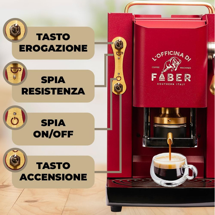 Faber Pro Deluxe Brass Coffee Machine with Waffles from Ese Paper 44 mm (Cherry Red) + 50 Waffles Ritz Café Unique Blend