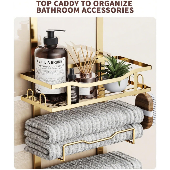 Настінний тримач для рушників у ванну кімнату, без свердління, 6-рівнева наддверна полиця для рушників, багаторівневий тримач для рушників на двері, для складених рушників (Золотий, 8 ярусів)