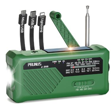 Радіо PRUNUS J-366 FM/AM/SW з ручним заводом, акумулятором 2000mAh та функцією зарядки телефону - аварійне радіо з ліхтариком, SOS сигналом, для подорожів, чорне/зелене