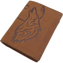 myledershop Genuine Buffalo Leather Wallet/Bifold/Cardholder/Money Clip in Portrait or Landscape Orientation with Wolf Motif and RFID & NFC Protection (Model 1 / Portrait/Cognac)
