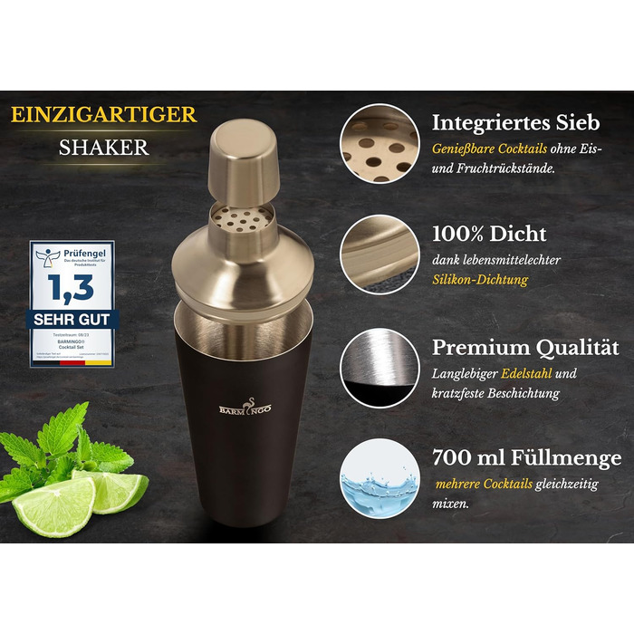 BARMINGO Stainless Steel Cocktail Set - 11 Piece Cocktail Shaker Set with Stand & Bar Accessories | Bartender Set | Cocktail Mixing Set | Bar Set | Gift Set | Black & Silver