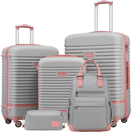 COOLIFE Luggage Suitcase Trolley Travel Suitcase with ABS Hard Shell, 4 Wheels, TSA Lock. The suitcase includes 1 Travel Backpack and 1 Toiletry Bag (White/Brown, Large 3-Piece Luggage Set) (5-Piece Luggage Set, Grey/Pink)