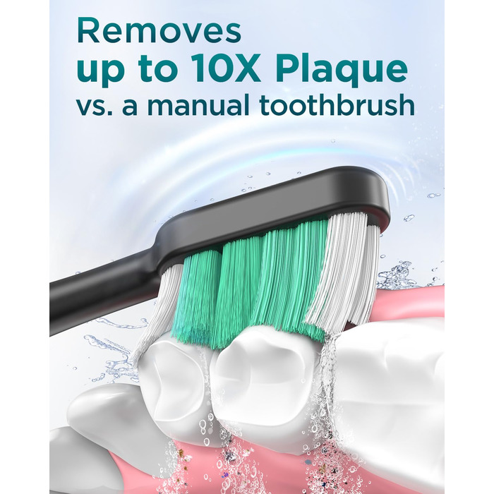 Електрична звукова зубна щітка для дорослих з 8 насадками та кейсом для подорожей, 5 режимів, водонепроникна IPX7, до 90 днів роботи від акумулятора, чорна (1 шт)