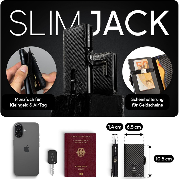 Slimjack Smart Wallet: RFID захист, алюмінієвий картхолдер для чоловіків (Carbon). Гаманець для карт та монет