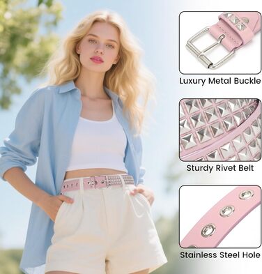 Пряжка з шипами для жінок та чоловіків - Металевий панк-рок ремінь з яскравими пірамідними шипами (Рожевий)