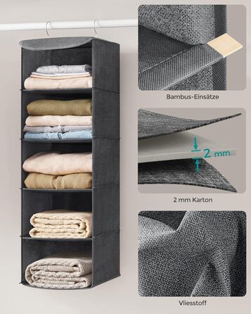 Організатор для шафи SONGMICS, навісний, складний, з металевими гачками та бамбуковими вставками (сірий, 2 шт.)