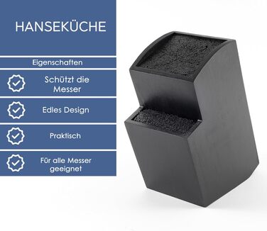 Дерев'яна підставка для ножів Hanseküche з бамбука (чорна, квадратна похила), тримач для кухонних ножів без комплекту ножів