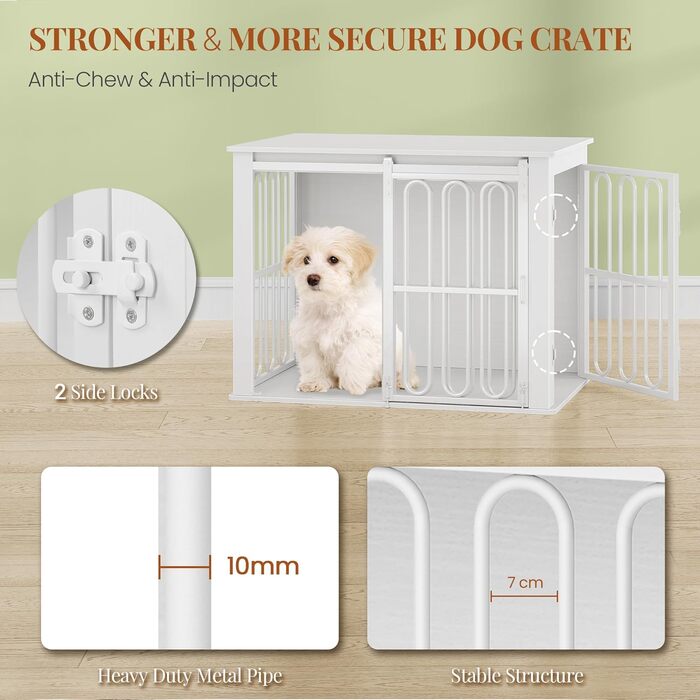 Дерев'яний вольєр для собак, 81 см, переноска для собак, клітка з 2 дверцятами, розсувні двері, для маленьких та середніх собак, міцний, з функцією столику, 81 × 55 × 62,4 см, білий