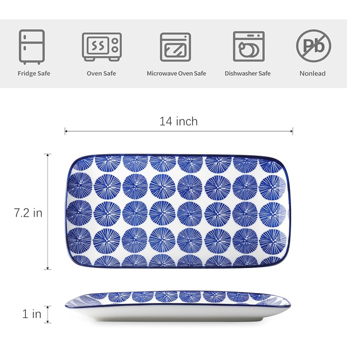 Набір керамічних сервірувальних тарілок Selamica, 4 шт., 24 x 14 x 2.5 см (Vintage Blue)