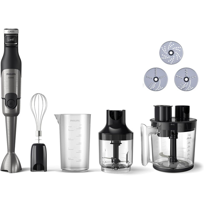 Philips 5000 Series Immersion Blender with Chopper, Compact Chopper, Whisk - 1200W Power. ProMix Technology. LED Speed Indicator. Variable Speed Control (HR2685/00) + Chopper, Compact Chopper, Whisk