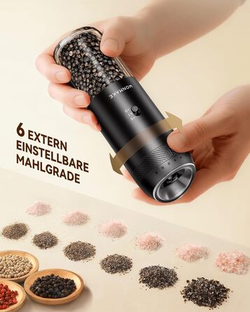 Електрична млин для солі та перцю WONMAKE, з підсвіткою LED, 6 режимів помелу, чорний