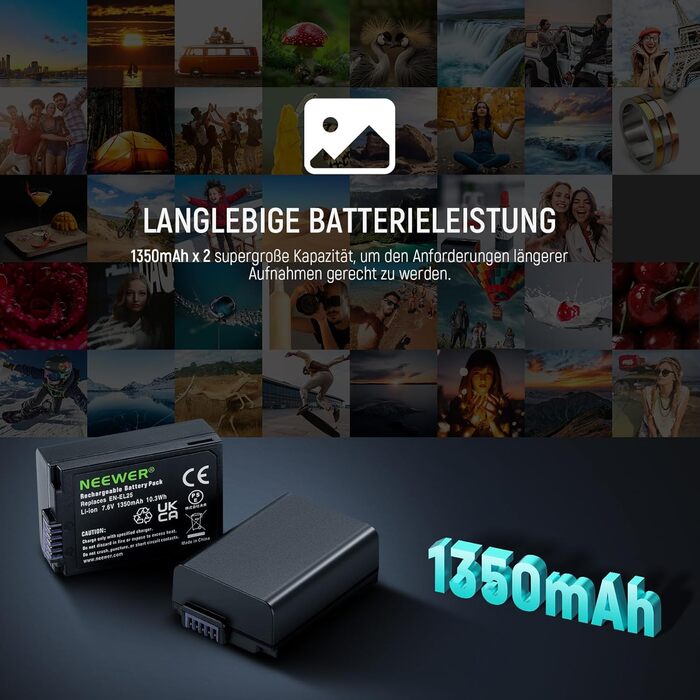 Запасний акумулятор NEEWER EN-EL25 та USB зарядний пристрій (2 шт.) 1350mAh, сумісний з Nikon Z30 Z50 ZFC