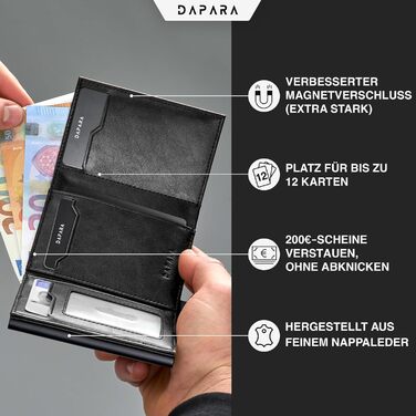 Чоловічий шкіряний гаманець DAPARA з відділенням для монет та RFID-захистом | Slim Wallet для чоловіків | Портмоне на 12 карт | Чорний міні-гаманець з відділенням для монет