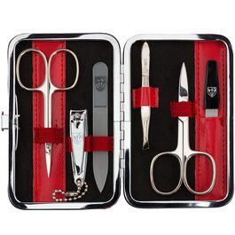 Набір для манікюру Drei Schwertter 'Genova' 6 предметів | Німецька якість | У подарунковій коробці з червоного штучної шкіри | Манікюрний набір: ножиці для нігтів, ножиці для кутикули, кусачки для нігтів, скляна пилка для нігтів, пінцет, сапфірова пилка для нігтів