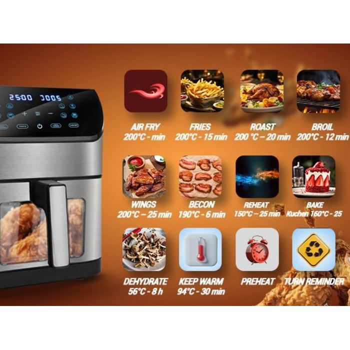 Електрична фритюрниця LEHMANN 6L з прозорим вікном, 1500 Вт, 12 програм, регулювання температури 76-200°C, таймер, LED-дисплей, фритюрниця без олії для приготування на грилі, випікання та смаження