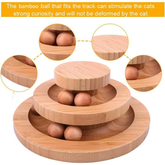 Cat Toys Self-Entertainment, Interactive Bamboo Cat Toy THREE Tiers Rotating Smart Track Ball Swing Roller with Bells (type 3)