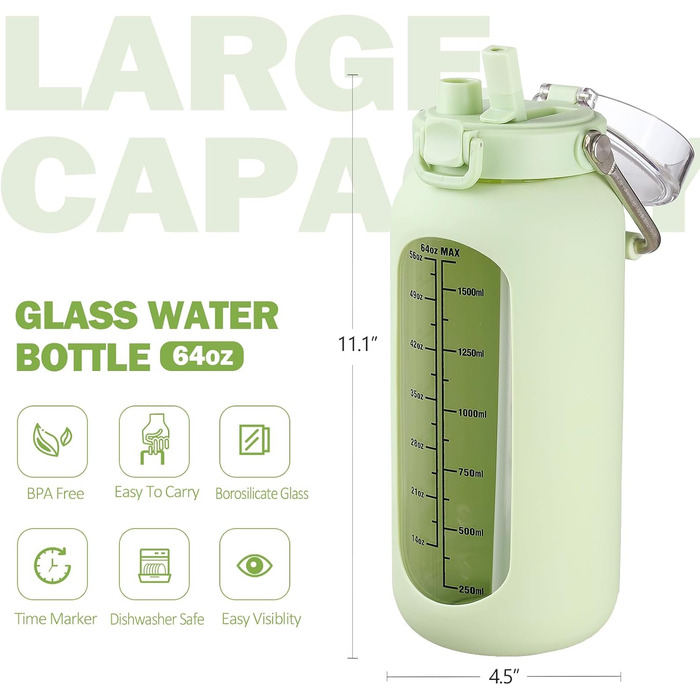 BLUEGO 2000ml Glass Water Bottle with Stainless Steel Handle and Time Marker 2L Motivation Glass Dryer with Silicone Case and Straw for Gym, Office, Outdoors, Sports Water Bottles BPA-free, (Light Green)