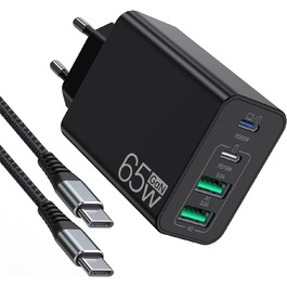 Зарядний пристрій USB-C 65W з 3 портами, кабель 2м, для MacBook, iPhone, Switch, Galaxy, Tablet, Laptop (Чорний)