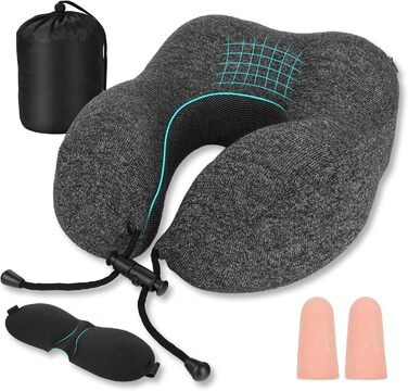 Подушка для шиї з Memory Foam, підтримка голови, набір для подорожей: маска для сну, навушники, чохол, м'яка подушка для сну в авто, літаку, офісі та вдома (Сірий)