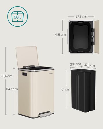 Відро для сміття SONGMICS 50 л, нержавіюча сталь, знімний внутрішній відро, Soft-Close, з кришкою та ручками, кремовий (LTB595E01)