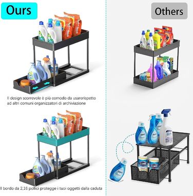 Dish Cabinet Organizer - 2 Pack Under Sink Shelf Organizer - Pull Out Storage Shelf Organizer with 16 Hooks, Black