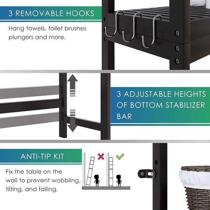 SMIBUY Toilet Shelf, Bamboo Toilet Rack, Adjustable Washing Machine Shelf, Bathroom Shelf with 3 Storage Layers, Space-Saving, Easy to Assemble (Black)