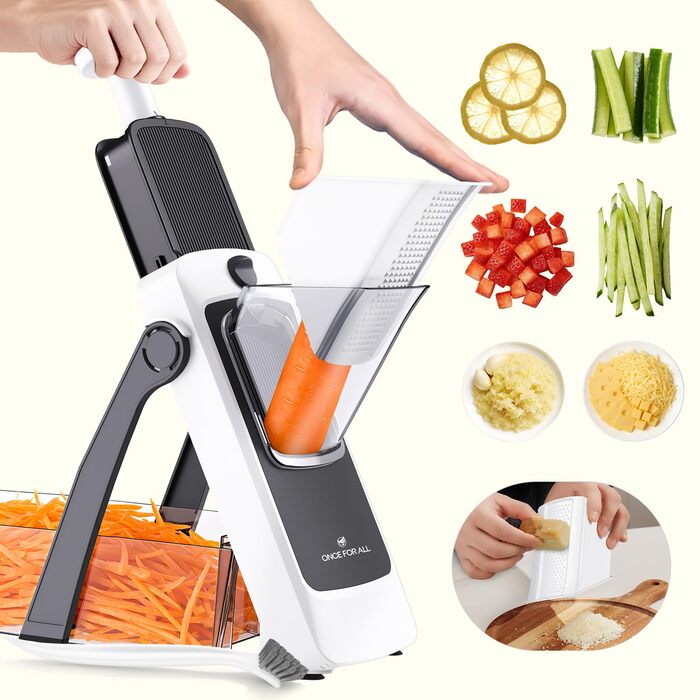 Набір для нарізки овочів ONCE FOR ALL з піддоном, тертка для овочів, ідеально для нарізки картоплі фрі та картоплі, нарізчик цибулі, тертка для огірків - кубик-нарізник (оновлена версія Space Grey + набір кошиків Asphalt) (Space Grey)