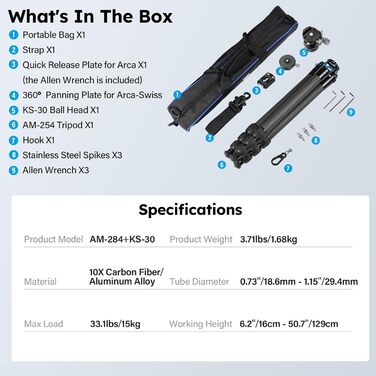 Штатив SIRUI AM-284 з вуглецевого волокна 130 см + Kugelkopf KS-30. Професійний компактний штатив для камери, швидка заміна, вантажопідйомність до 15 кг