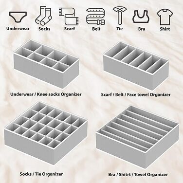 Styleys Set of 4 Foldable Storage Boxes, Drawer Dividers, Odorless Interior Lining, Storage Boxes, Closet Organizer, Under-Bed Organizer for Clothes, Shoes, Underwear, Bras (Gray - S1014)