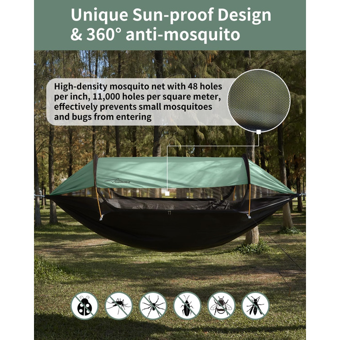 Гамак-намет для кемпінгу з москітною сіткою та сонцезахистом, 290x140 см, великий простір, багатофункціональний, легкий, з ременями для кріплення до дерева, підлоговий намет для відпочинку на природі, пішохідний туризм, зелений