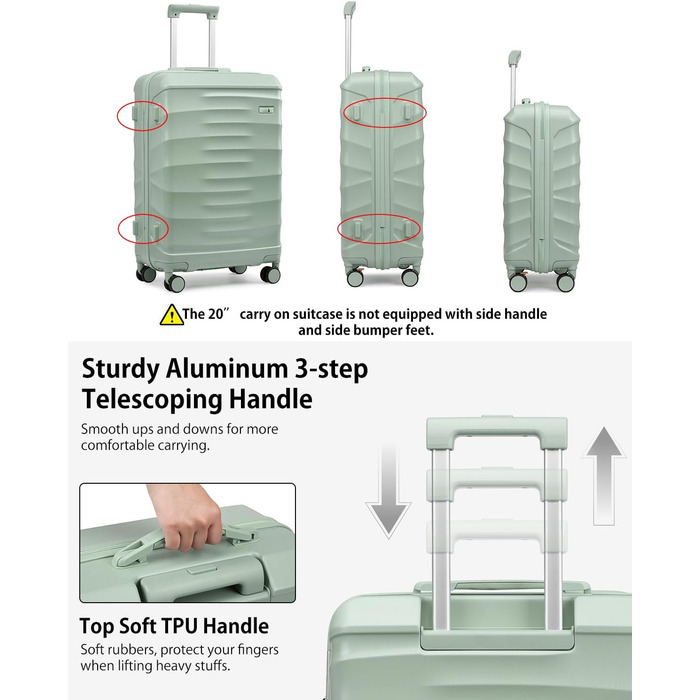 Набір валіз Sea Choice 5-ти частинний з ABS-пластику, твердий корпус, тріумф у подорожах, велика місткість, ручна поклажа, 4 колеса, TSA-замок, містить 1 сумку та 1 косметичку, колір: м'ятно-зелений